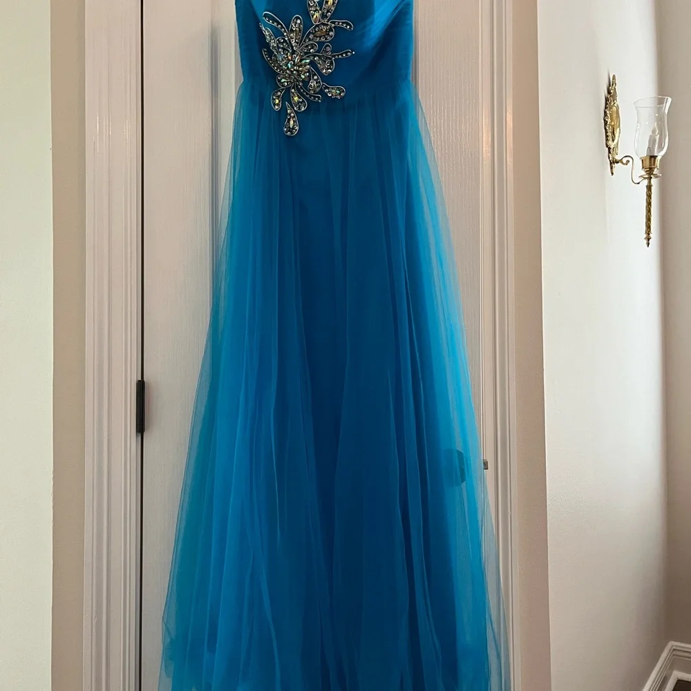 Blue Tulle Prom Dress with Crystal Embellishment